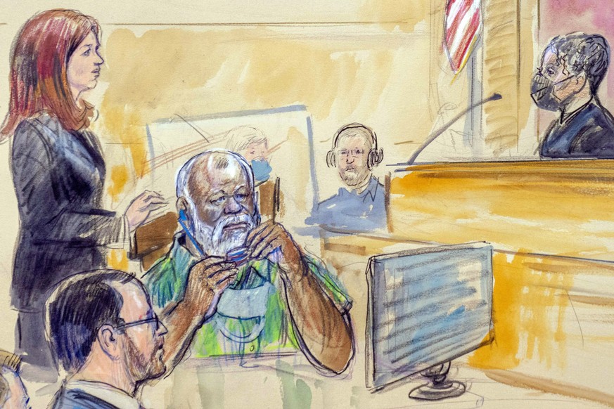 The artist sketch depicts Assistant U.S. Attorney Erik Kenerson, front left, watching as Whitney Minter, a public defender from the eastern division of Virginia, stands to represent Abu Agila Mohammad ...