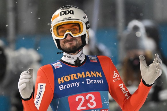 epa09668260 Killian Peier of Switzerland reacts during the third stage of the 70th Four Hills Tournament in Bischofshofen, Austria, 05 January 2022. The third stage, originally scheduled for 04 Januar ...