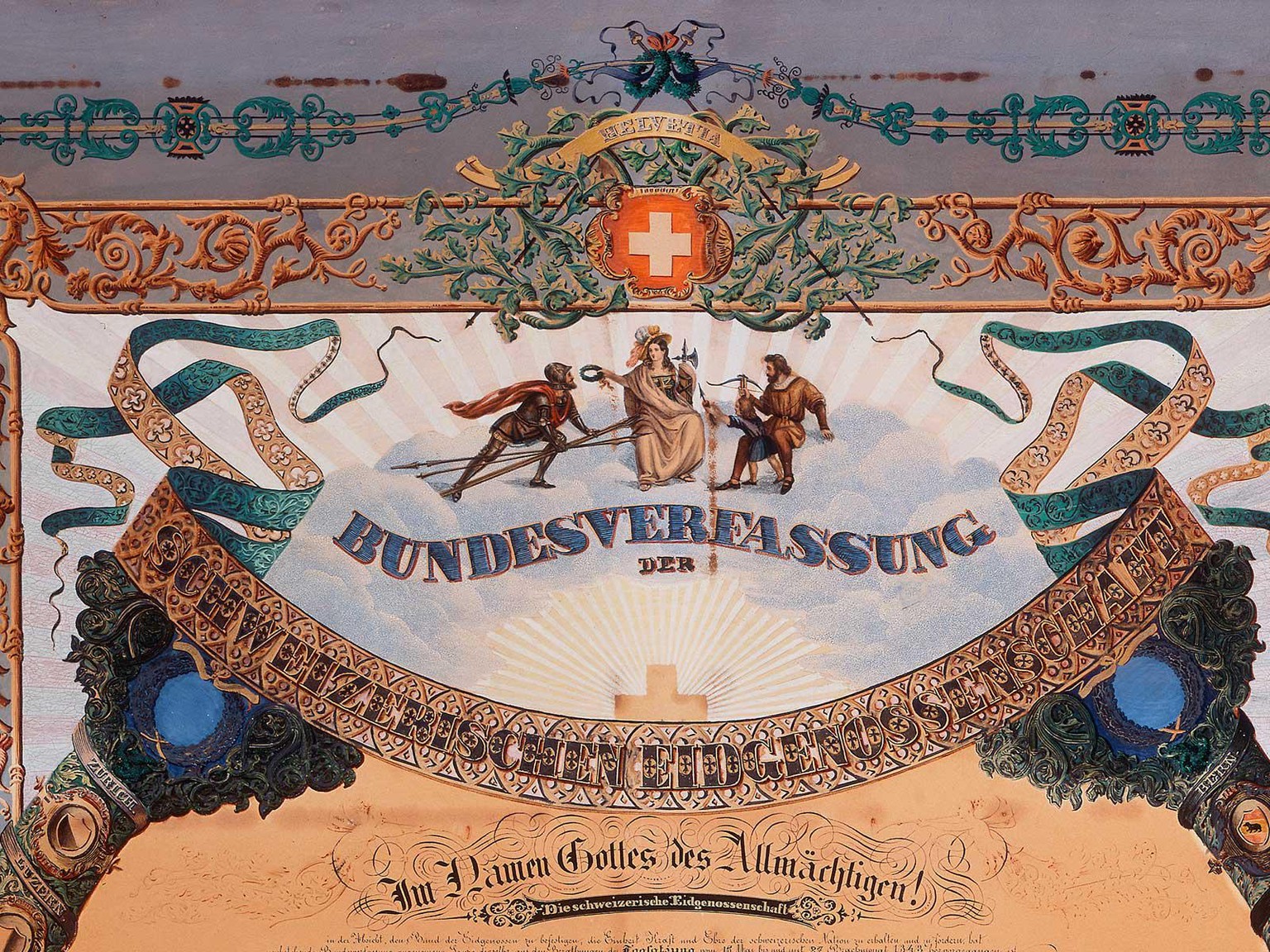 Schweizerische Bundesverfassung von 1848, künstlerisch in Szene gesetzt vom Solothurner Maler Laurenz Lüthi.