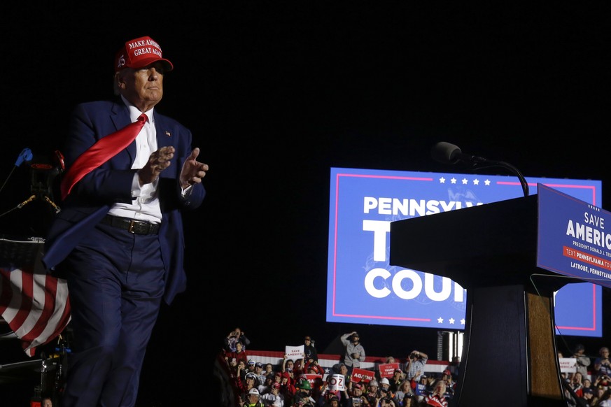 Former President Donald Trump applauds toward the crowd at the conclusion of an election rally in Latrobe, Pa., Saturday, Nov. 5, 2022. (AP Photo/Jacqueline Larma)