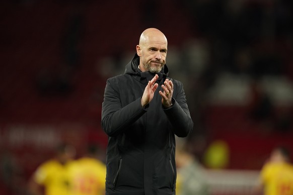 Manchester United&#039;s head coach Erik ten Hag waves his supporters at the end of the English Premier League soccer match between Manchester United and Sheffield at the Old Trafford Stadium in Manch ...