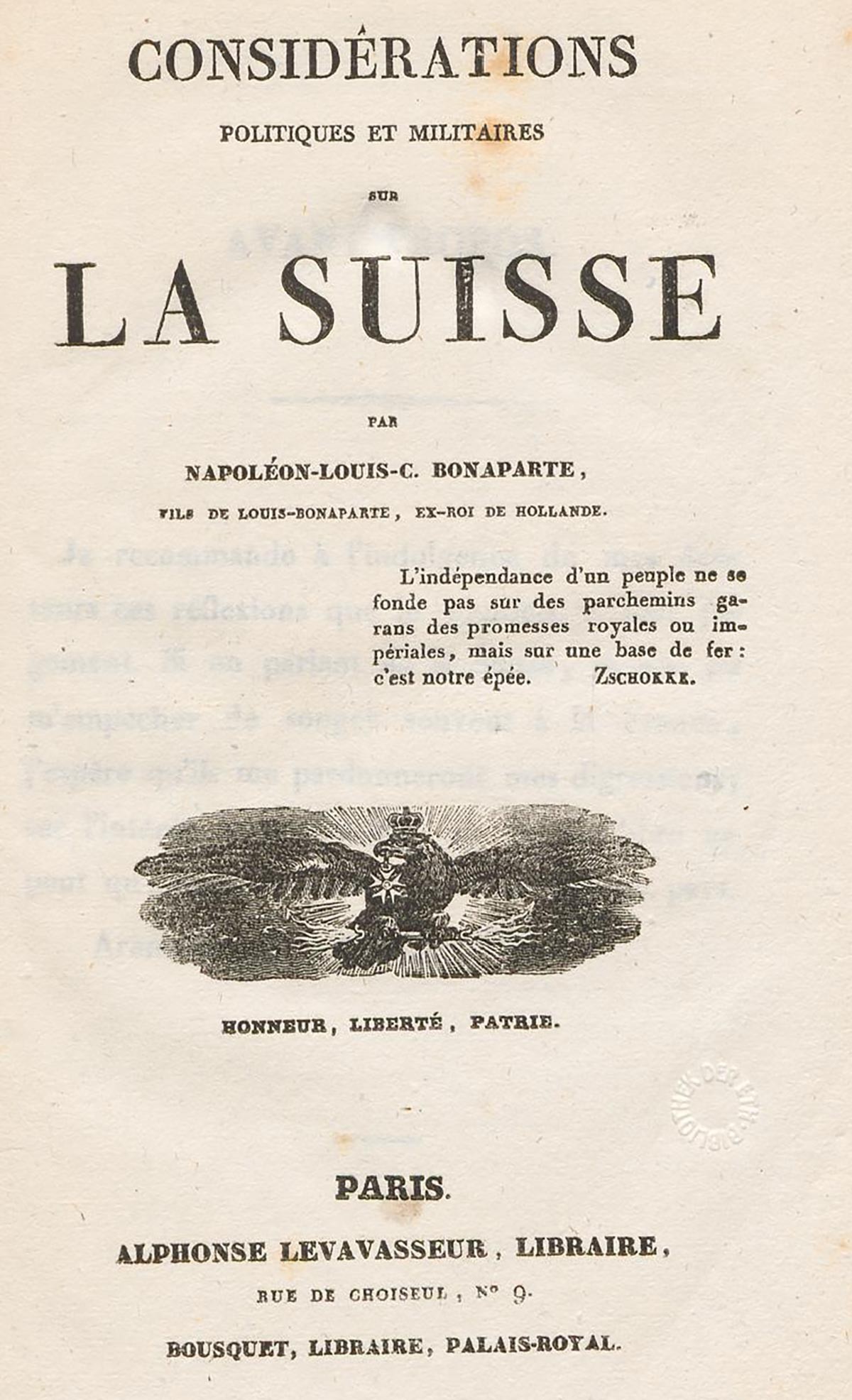 Considérations politiques et militaires sur la Suisse par Napoléon-Louis-C. Bonaparte, années 1830.
https://www.e-rara.ch/zut/content/titleinfo/2873396