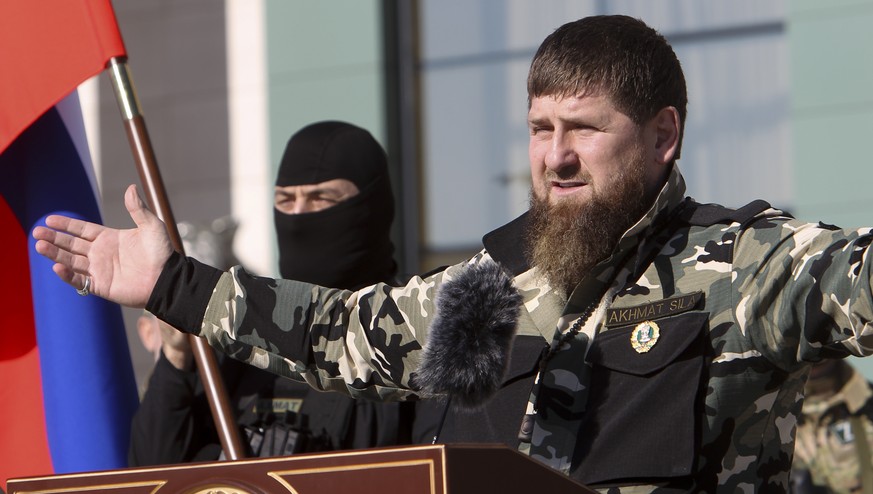 Ramzan Kadyrov, leader of the Russian province of Chechnya gestures speaking to about 10,000 troops in Chechnya&#039;s regional capital of Grozny, Russia, Tuesday, March 29, 2022. (AP Photo)