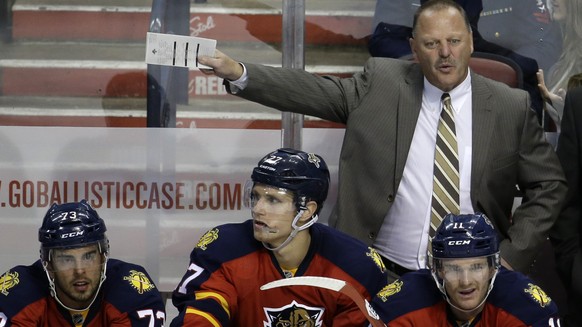 Florida Panthers head coach Gerard Gallant reacts to a call by an official during the third period of an NHL hockey game against the Minnesota Wild, Monday, Nov. 24, 2014, in Sunrise, Fla. The Wild de ...