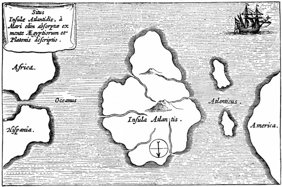 Atlantis Legendary island of Atlantis described by Plato and said to lie just beyond the Pillars of Hercules (Gibraltar and Mount Hacho). Engraving after description by Athanasius Kircher (1602-1680)  ...