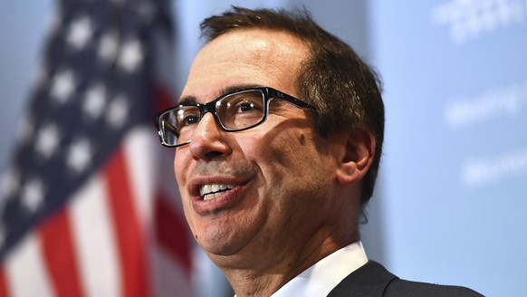 U.S. Treasury Secretary Steven Mnuchin speaks at a news conference during a meeting for the G7 Finance and Central Bank Governors in Whistler, British Columbia, on Saturday, June 2, 2018. (Jonathan Ha ...
