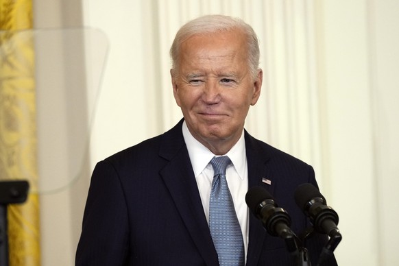 President Joe Biden speaks during a Medal of Honor ceremony at the White House in Washington, Wednesday, July 3, 2024, posthumously honoring two U.S. Army privates who were part of a daring Union Army ...