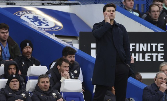 Chelsea coach Mauricio Pochettino watched his team play from the sideline during Chelsea's match with Wolverhampton Wanderers in the English Premier League at Stamford Bridge.