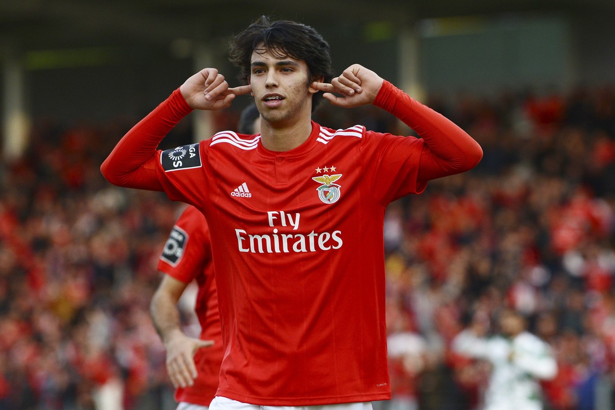 epa07445623 Benfica's Joao Felix celebrates after scoring a goal against Moreirense during their Portuguese First League soccer match between Moreirense and Benfica held at the Comendador Joaquim ...