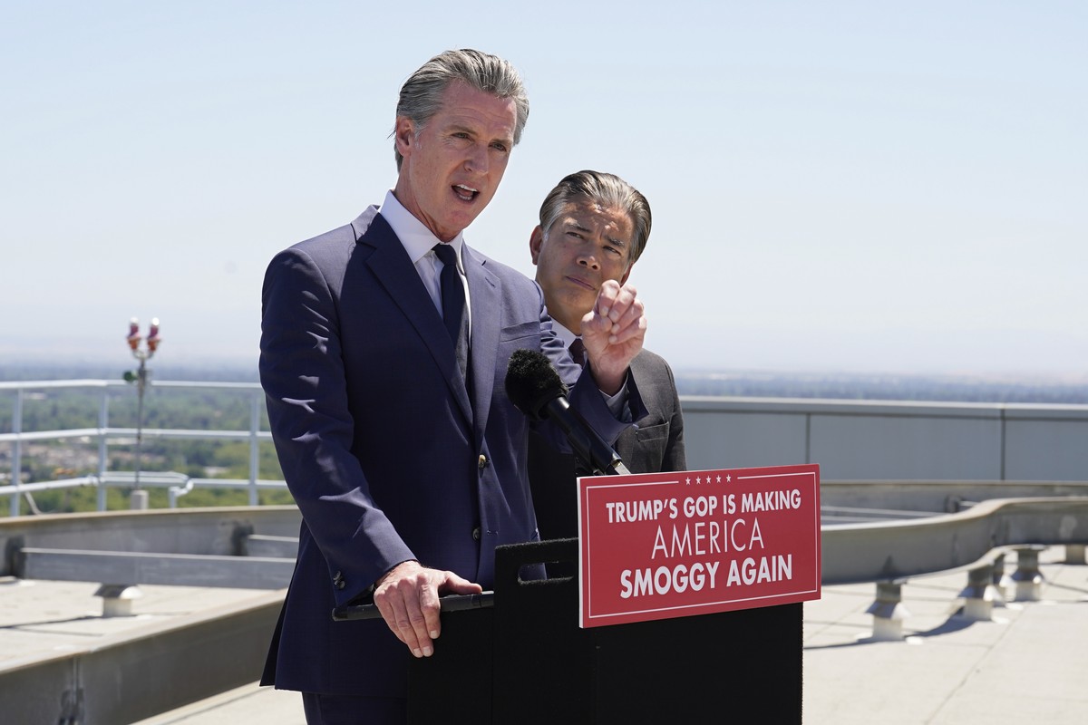 Calif. Gov. Gavin Newsom discusses the U.S. Senate vote against California Emissions rules which include the ban on the sale of new gas powered cars by 2035 during a news conference in Sacramento, Cal ...