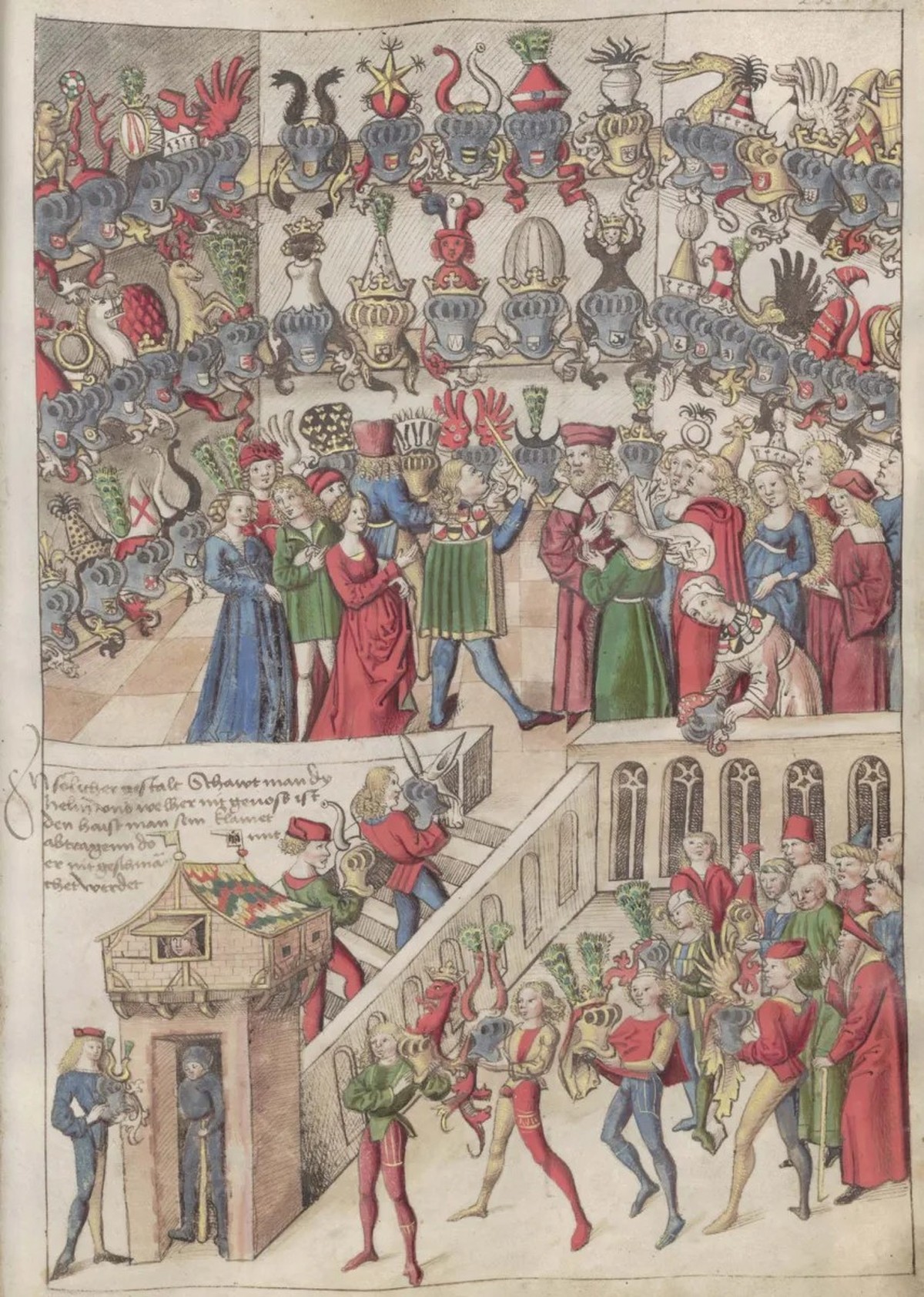Am Tag vor Turnieren werden die Helmziere ausgestellt. Zahlreiche Damen wohnen der Helmschau bei. Von einem, der nicht Turniergenosse ist, verlangt man die Entfernung des Helms. Miniatur im Wappenbuch ...