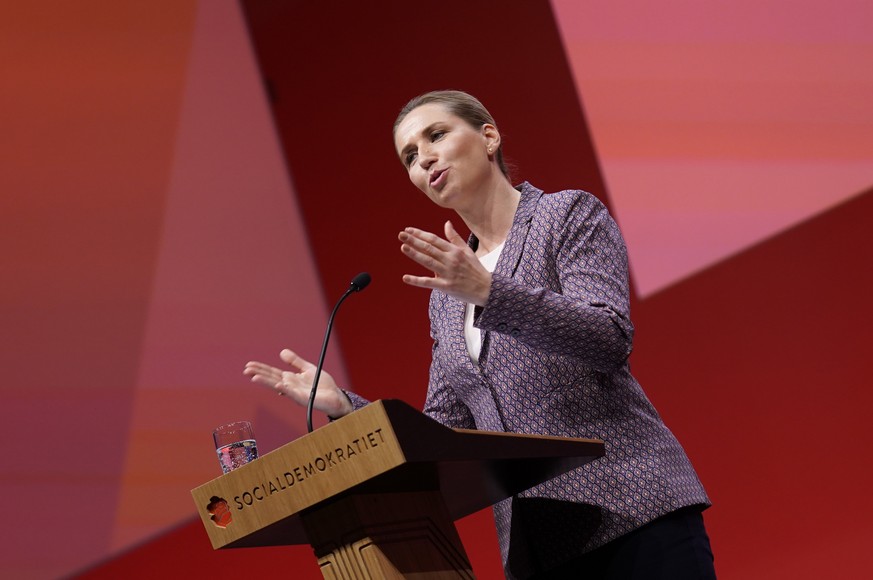 Denmark&#039;s Prime Minister and head of the Social Democrats party Mette Frederiksen during her opening speech at the Social Democrats Congress in Aalborg, Denmark, Saturday Sept. 18, 2021. (Henning ...