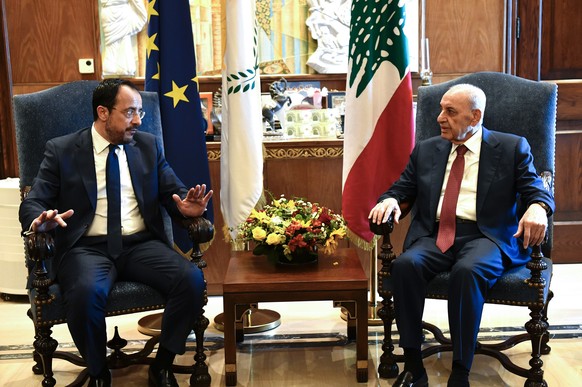 epa11265228 Lebanese Parliament Speaker Nabih Berri (R) meets with Cypriot President Nikos Christodoulides (L) in Beirut, Lebanon, 08 April 2024. Nikos Christodoulides, the President of Cyprus, is in  ...