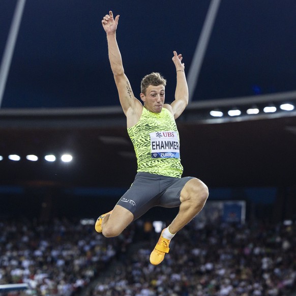 Simon Ehammer of Switzerland competes in the Long Jump Men during the Weltklasse IAAF Diamond League international athletics meeting at the Letzigrund stadium in Zurich, Switzerland, Thursday, Sept. 8 ...