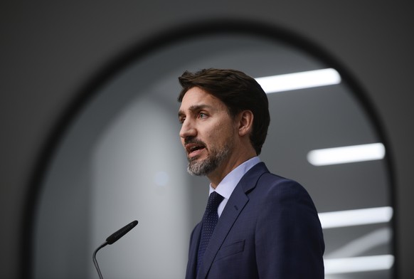 Canada Prime Minister Justin Trudeau speaks on the first day of the Munich Security Conference in Munich, Germany, Friday, Feb. 14, 2020. (Sean Kilpatrick/The Canadian Press via AP)