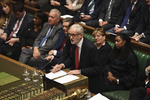 In this handout photo provided by the House of Commons, leader of Britain&#039;s Labour party Jeremy Corbyn speaks in Parliament in London, Wednesday, Sept. 25, 2019. An unrepentant Prime Minister Bor ...