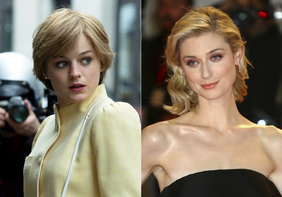 This combination photo shows Emma Corrin portraying Diana Spencer in the fourth season of the Netflix series &quot;The Crown&quot;, left, and actress Elizabeth Debicki, who will take over the role for ...