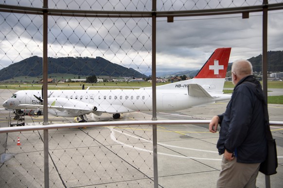 epa06983057 A grounded SkyWork aircraft is seen at the Bern-Belp Airport in Switzerland, 30 August 2018. Swiss SkyWork Airlines ceased all operations on Wednesday 29 August evening after the last sche ...