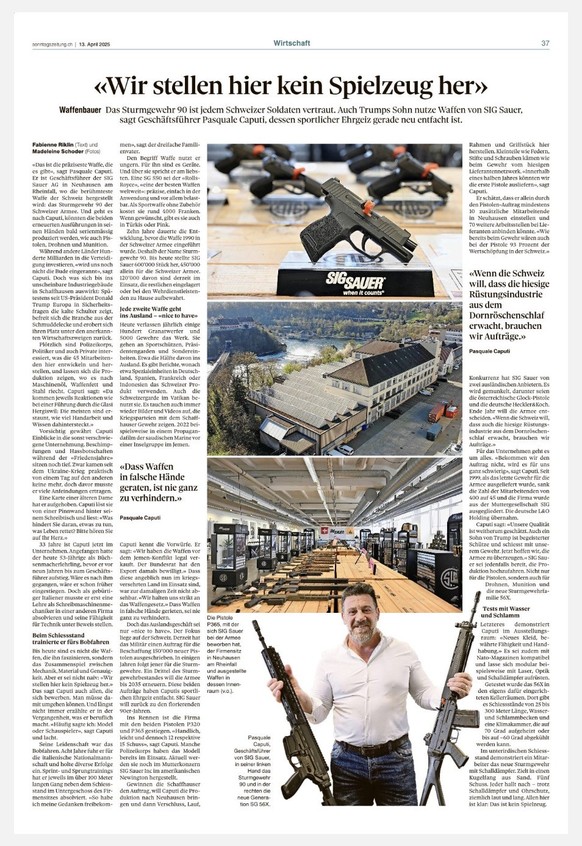 Bericht der «SonntagsZeitung» vom 13. April 2025 zum Schweizer Waffenhersteller SIG Sauer AG und der Ankündigung, man bewerbe sich um die neue Schweizer Armeepistole und wolle sie in der Schweiz ferti ...