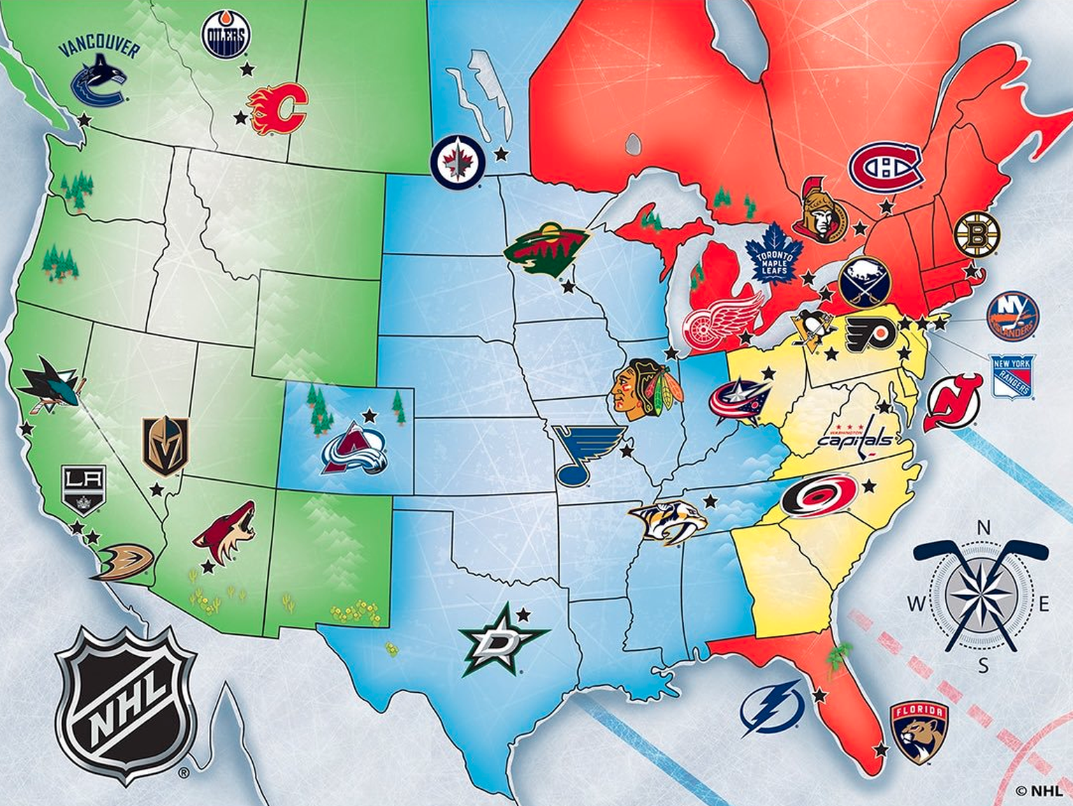 Die Übersichtskarte mit allen aktuell 31 NHL-Teams.