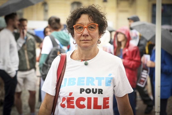 Mireille Kohler, mother of French detainee in Iran Cecile Kohler, attends the gathering in support of French detainees in Iran, Cecile Kohler and Jacques Paris, in Paris, France, Sunday, July 6, 2025. ...