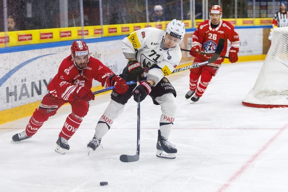 SC Rapperswil-Jona Lakers Stuermer Sandro Forrer gegen Fribourg-Gotteron Stuermer Killian Mottet waehrend dem Eishockey-Meisterschaftsspiel der National League zwischen den SC Rapperswil-Jona Lakers u ...