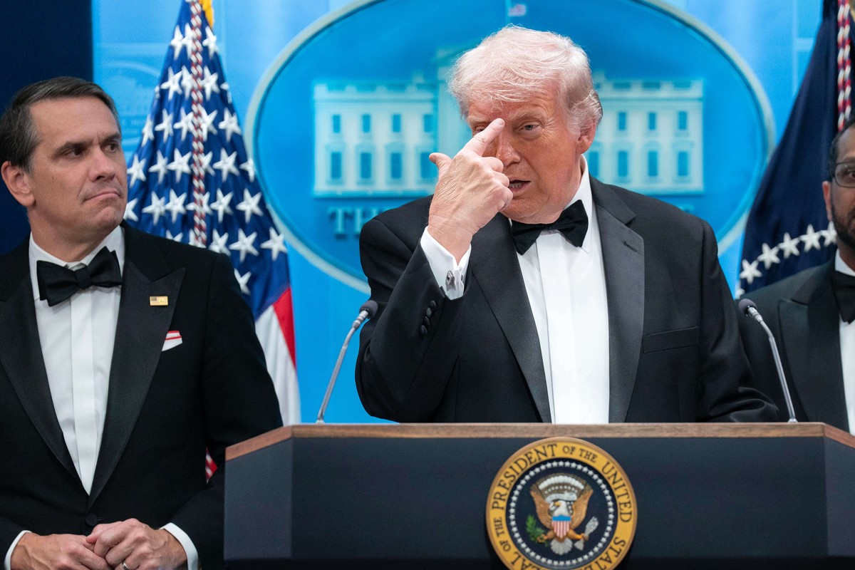 President Donald Trump gestures as he speaks in the James Brady Press Briefing Room at the White House after a shooting incident outside the ballroom at at the annual White House Correspondents'  ...