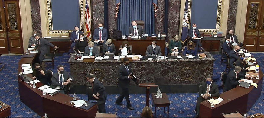 In this image from video, House impeachment manager Rep. Joe Neguse, D-Colo., prepares to speak during the second impeachment trial of former President Donald Trump in the Senate at the U.S. Capitol i ...