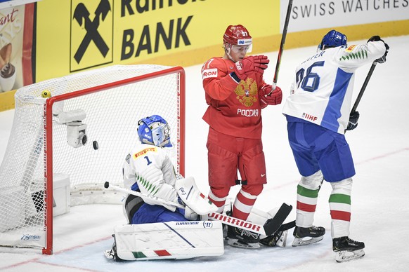 epa07573756 Goalkeeper Andreas Bernard of Italy reacts during the IIHF World Championship group B ice hockey match between Russia and Italy at the Ondrej Nepela Arena in Bratislava, Slovakia, 15 May 2 ...