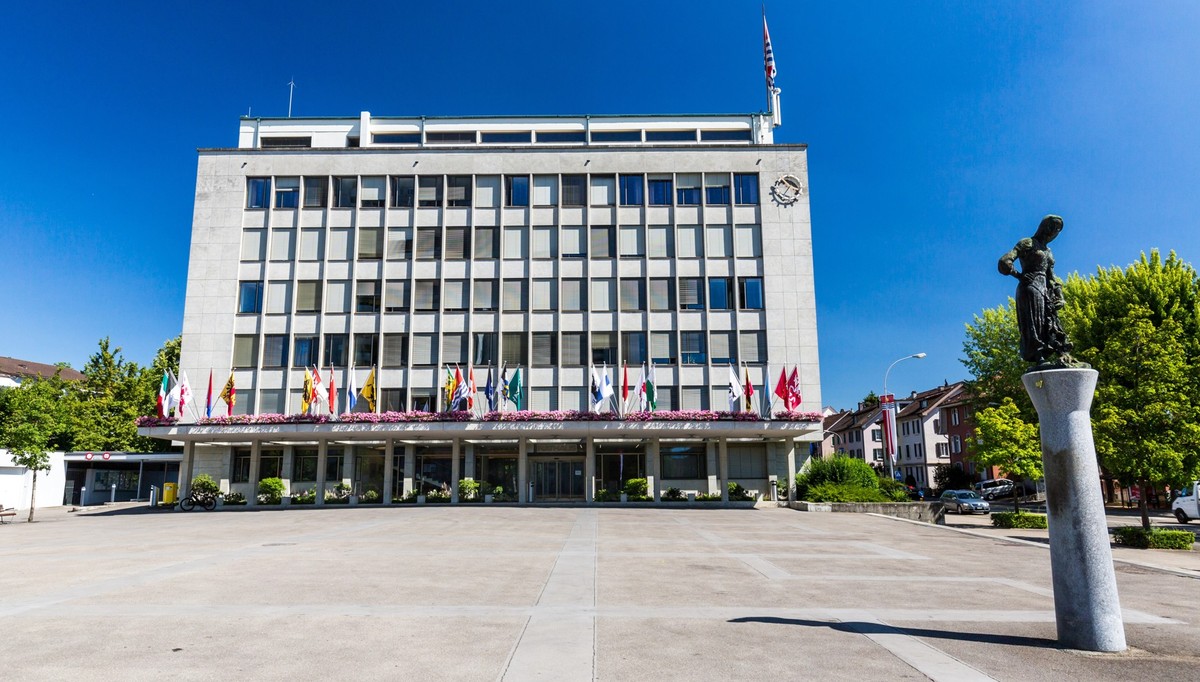 WETTINGEN, AARGAU, SWITZERLAND - JULY 21: Exterior views of the city hall of Wettingen on July 21, 2015. Wettingen is a municipality in the Swiss canton of Aargau.