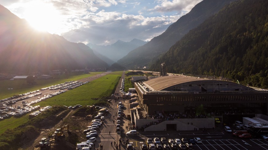 Aerial panoramic photo, new ice stadium Gottardo Arena that replaces the historic Valascia, during the match of National League Swiss Championship 2021/22 between HC Ambri Piotta and HC Fribourg-Gotte ...