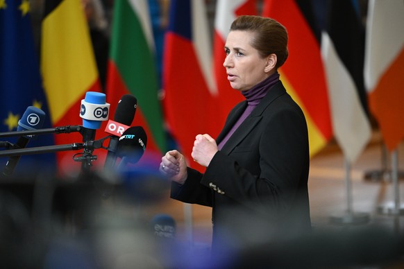 Denmark's Prime Minister Mette Frederiksen speaks with the media as she arrives for the EU summit in Brussels, Thursday, Jan. 22, 2026. (AP Photo/Harry Nakos)
Mette Frederiksen