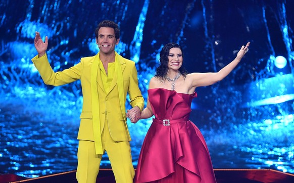 epa09943186 Mika (L) and Laura Pausini host the Second Semifinal of the 66th annual Eurovision Song Contest (ESC 2022) in Turin, Italy, 12 May 2022. The international song contest has two semifinals o ...