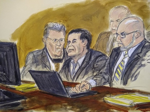 In this courtroom drawing, Joaquin El Chapo Guzman, center, listens to judge&#039;s answer to jury&#039;s question on Wednesday, Feb. 6, 2019, in New York. A jury at the U.S. trial of the infamous Mex ...