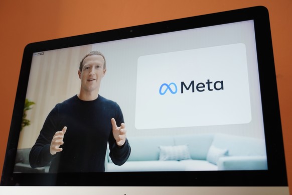 Seen on the screen of a device in Sausalito, Calif., Facebook CEO Mark Zuckerberg announces their new name, Meta, during a virtual event on Thursday, Oct. 28, 2021. Zuckerberg talked up his latest pas ...
