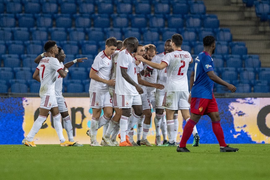 epa08713899 CSKA Sofia players celebrate during the UEFA Europa League playoff soccer match between the FC Basel and CSKA Sofia at the St. Jakob Park Stadium in Basel, Switzerland, 01 October 2020. EP ...