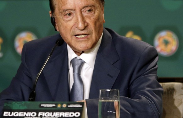 FILE - In this May 1, 2014 file photo Eugenio Figueredo, president of CONMEBOL, the South America soccer confederation, gives a news conference in Bal Harbour, Florida. Figueredo, one of several socce ...