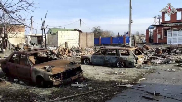 In this photo taken from video distributed by Russian Defense Ministry Press Service on Thursday, March 13, 2025, a view of Sudzha, the biggest town in the Kursk region of Russia after it was taken ov ...