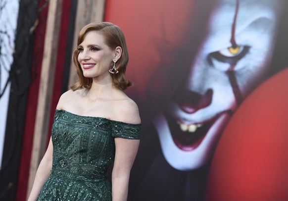 FILE - In this Monday, Aug. 26, 2019 file photo, cast member Jessica Chastain arrives at the Los Angeles premiere of &quot;It: Chapter 2,&quot; at the Regency Village Theatre. The movie opens Thursday ...