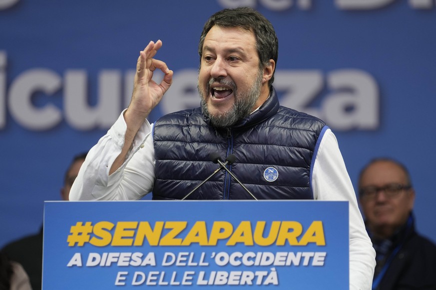 Italian Infrastructure Minister and leader of the Northern League party Matteo Salvini delivers his speech during a rally against fundamentalism, in Milan, Italy, Saturday, Nov. 4, 2023. (AP Photo/Luc ...