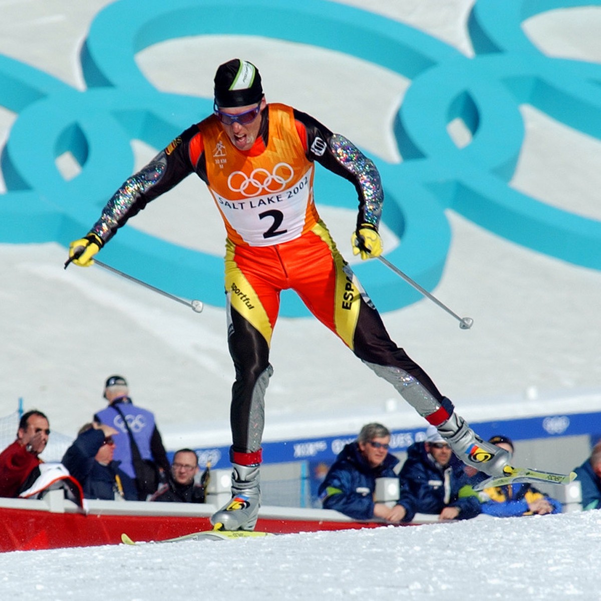 Spain's Johann Muehlegg competes in the men's 30Km freestyle cross-country race Saturday, Feb. 9, 2002, at Soldier Hollow in Midway, Utah. (AP Photo/Luca Bruno)