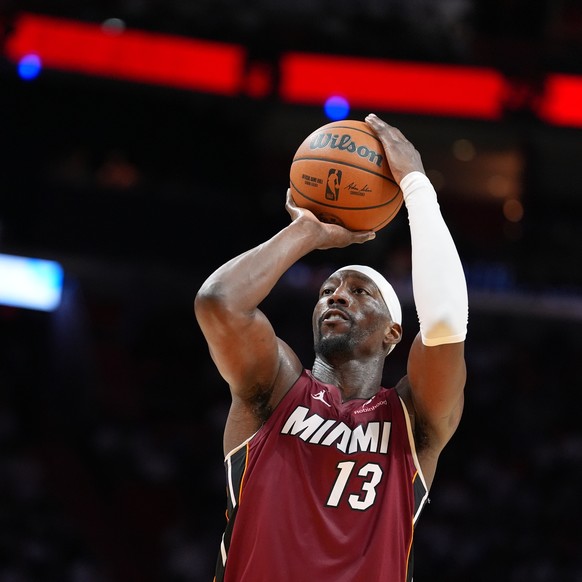 Miami Heat center Bam Adebayo shoots a free throw during the second half of an NBA basketball game against the Washington Wizards, Tuesday, March 10, 2026, in Miami. (AP Photo/Rebecca Blackwell)
Bam A ...