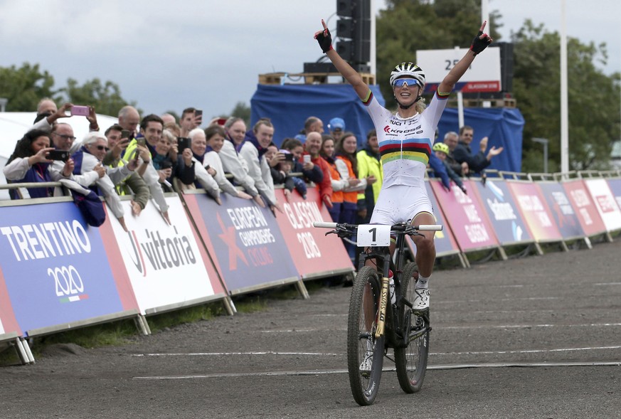 Gold Medal winner Switzerland&#039;s Jolanda Neff crosses the finish of the Womens Cross Country event during the European Championships at the Cathkin Braes Mountain Bike Trails, near Glosgow, Scotla ...