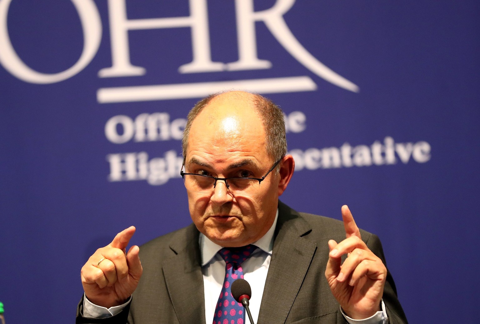 epa10677877 The High Representative for Bosnia and Herzegovina, Christian Schmidt, holds a press conference, after a meeting with the political directors of the member countries of the Steering Commit ...