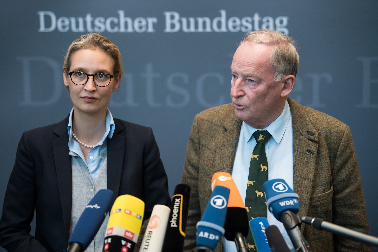 Die kurz zuvor gewaehlten Fraktionsvorsitzenden der AfD im Deutschen Bundestag, Alice Weidel (l) und Alexander Gauland, aeussern sich am 26.09.2017 nach der ersten Fraktionssitzung der Bundestagsfrakt ...