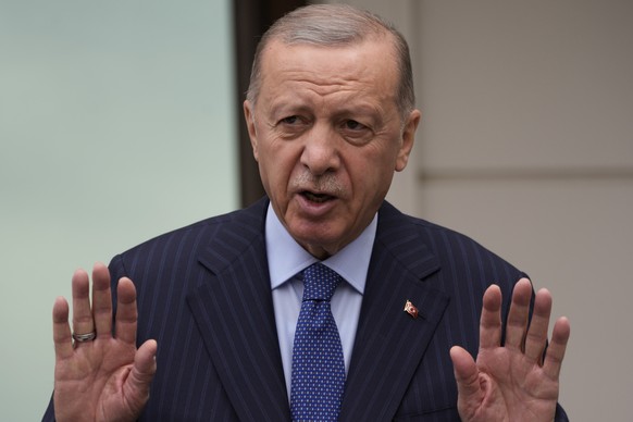 Turkish President Recep Tayyip Erdogan speaks to the media during a presser following the Friday noon prayer in Istanbul, Turkey, Friday, May 3, 2024. Turkey on Thursday suspended all imports and expo ...