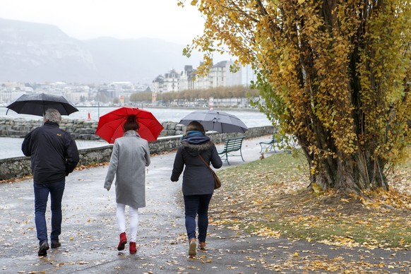 Pedestrians protect themselves with their umbrellas from the rain on the bank of the lake of Geneva, in Geneva, Switzerland, Sunday, November 12, 2017. (KEYSTONE/Salvatore Di Nolfi)