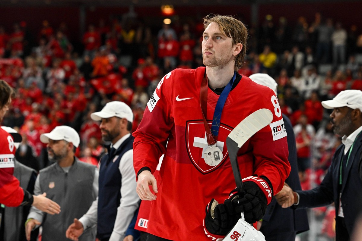 STOCKHOLM, SWEDEN - MAY 25: Janis Moser of Switzerland after losing the game during the 2025 Ice hockey, Eishockey World Championship, WM, Weltmeisterschaft gold medal dispute match between Switzerlan ...