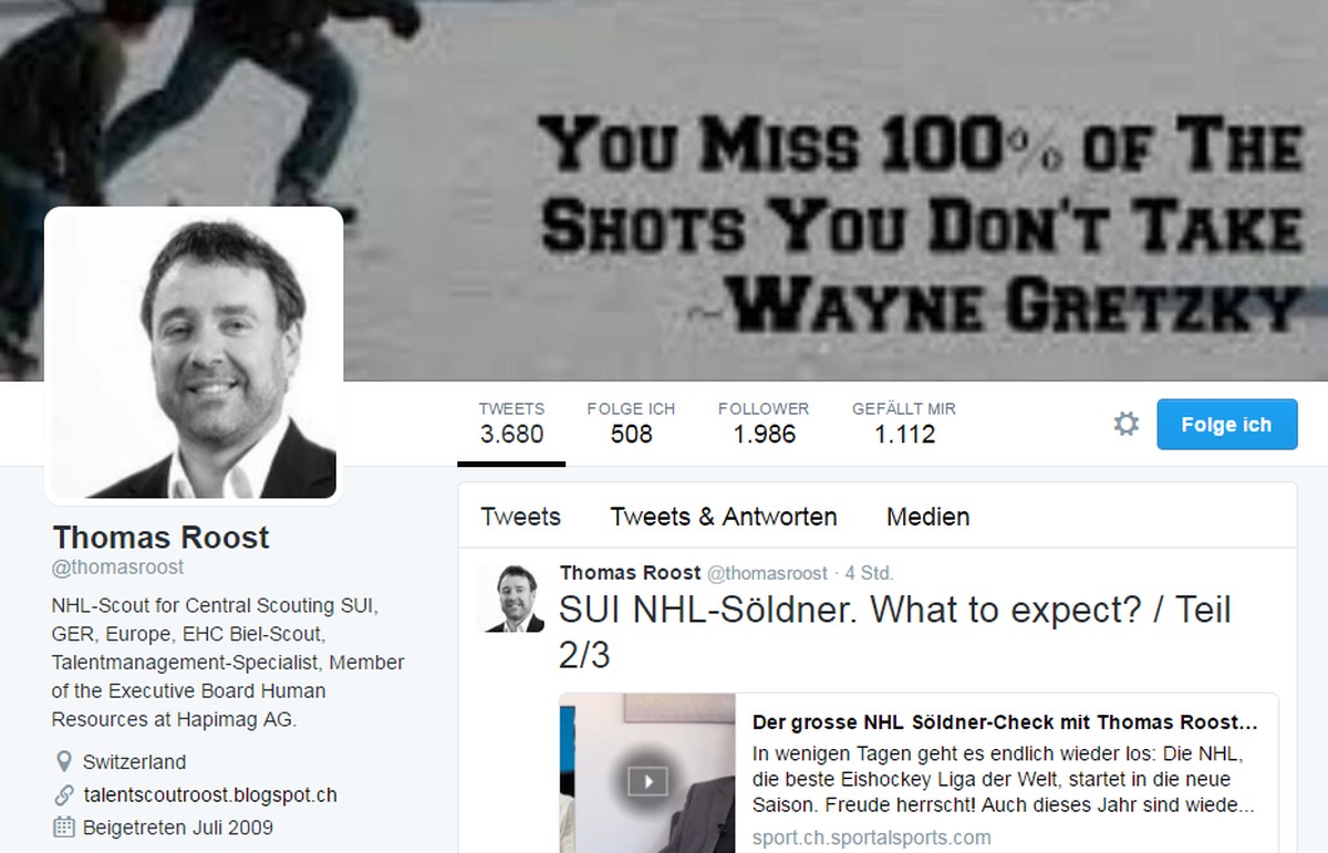 Das Twitter-Profil von Thomas Roost mit dem Gretzky-Zitat.