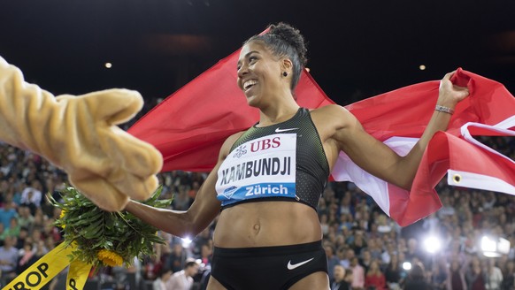 Mujinga Kambundji from Switzerland reacts after the women&#039;s 100m race during the Weltklasse IAAF Diamond League international athletics meeting in the Letzigrund stadium in Zurich, Switzerland, T ...